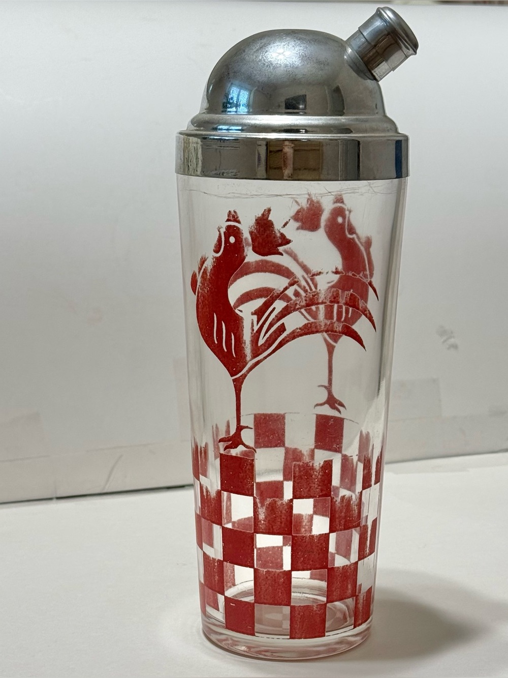 Vintage Drunken Rooster Cocktail Shaker - Red & White Checkered Rooster 10.5” T